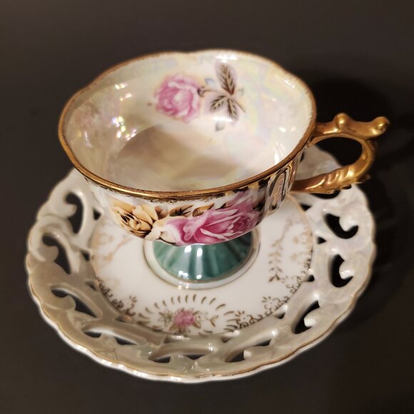 Vintage Lusterware Trimont Rose Design Teacup And Saucer Set Japan - Picture 2 of 14